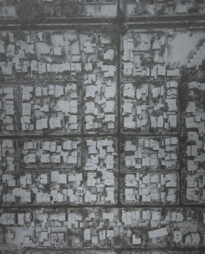 The grayscale houses covered with snow in winter from bird's eye view