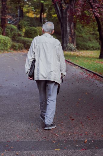 A vertical shot of an adult man seen from behind, walking in a park