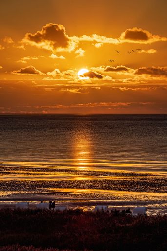 A vertical shot of a beautiful sunset reflecting on the surface of the sea