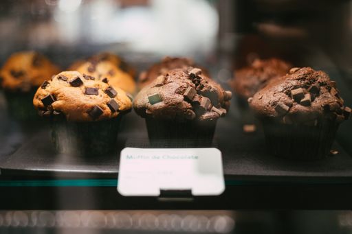 A closeup shot chocolate chip muffins in a showcase