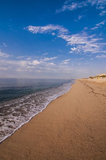 A vertical shot of a beach surrounded by the sea under the sunlight and a blue sky