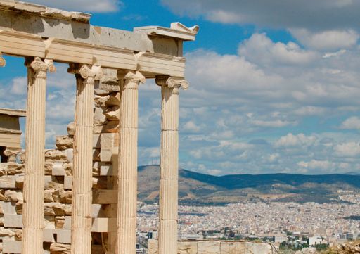 An aerial shot of the view from the Acropolis Monument in Athens, Greece