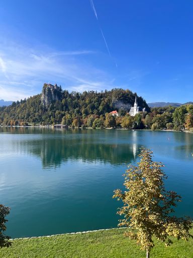 A vertical shot of a historic cathedral and rural mountains across Lake Bled in Slovenia