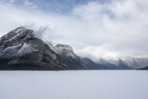 An aerial view of beautiful mountains in winter in Alberta, Canada