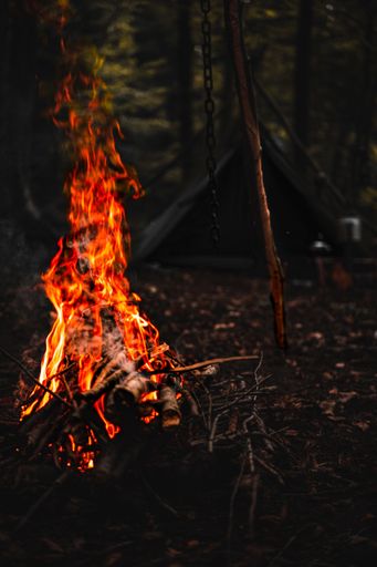 A vertical shot of a bright red campfire with tall falmes illuminating the dark forest during evening