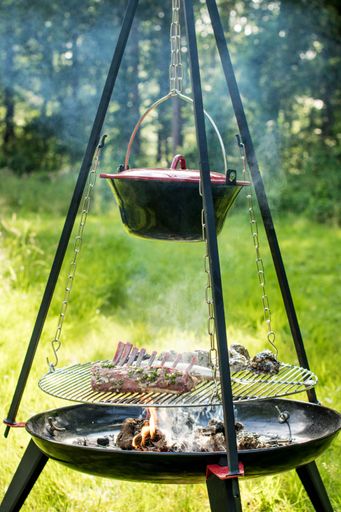 BBQ Outdoor with food preparations. People eating and dining outdoor. Lots of vegetables, fish, and meat.