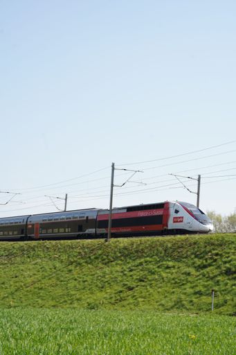 A vertical shot of a SBB train driving through the green field under the clear sky, Sissach, Switzerland