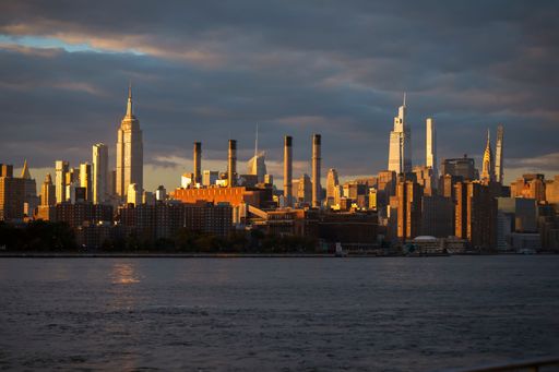 A view of Manhattan from the water in the evening in New York City, United States.
