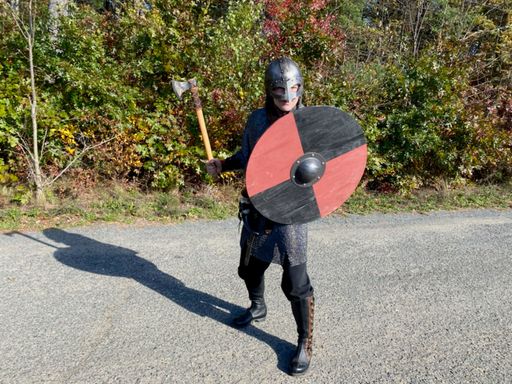 An authentic reproduction of historically accurate Viking kit, to include axe, shield and helmet.