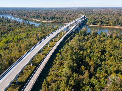 An aerial view of the Trammell bridge over the Apalachicola River in Florida, the United States