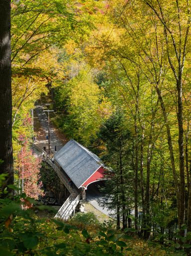 A vertical shot of a red-covered bridge in Flume Gorge Trek, Franconia Notch Park, New Hampshire