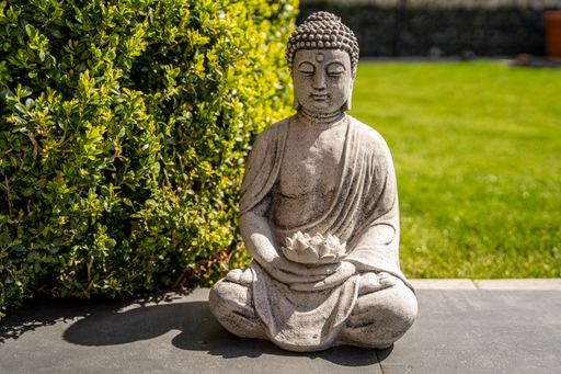 Buddha statue sitting next to a bush in front of grass