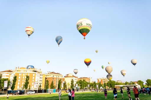 A view of the people in the park looking at the colorful air balloons flying in the clear, blue sky