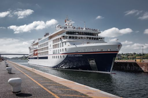 The luxurious Expedition Cruise vessel Hanseatic Inspiration in the locks of Kiel Holtenau, Germany