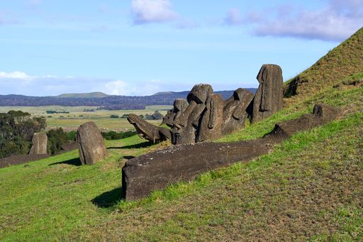 The Rano Raraku volcano, the quarry of the moai with many uncompleted statues, Easter Island, Chile.