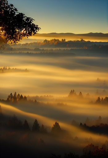 A beautiful top view of valley with lush trees covered with fog at sunrise