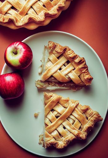 A vertical top view of a slice of apple cinnamon pie on white plate with two ripe apples on red table