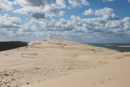 A seascape view, people walking in Dune of Pilat under blue cloudy sky in La Teste-de-Buch, France