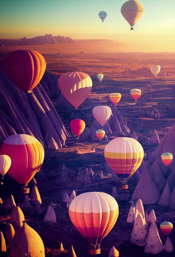 The mesmerizing view of colorful hot air balloons flying over rocky mountains of Cappadocia, Turkey