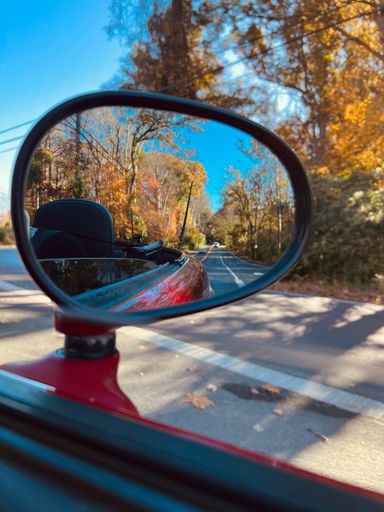 A mirror of a red convertible car reflecting the road passing between beautiful trees