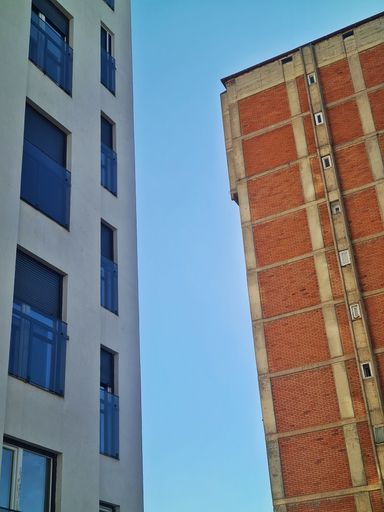 A view of two modern and old buildings next to each other, Shtip, Macedonia