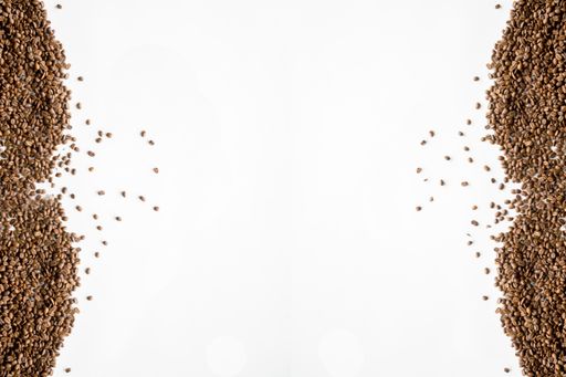 An overhead shot of a white surface with coffee beans on the side - great for background or writing text