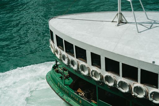 A closeup shot of the star ferry on a water in Hong Kong.