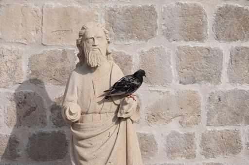 A pigeon sitting on the hand of Saint Blaise statue on a sunny day in Dubrovnik, Croatia