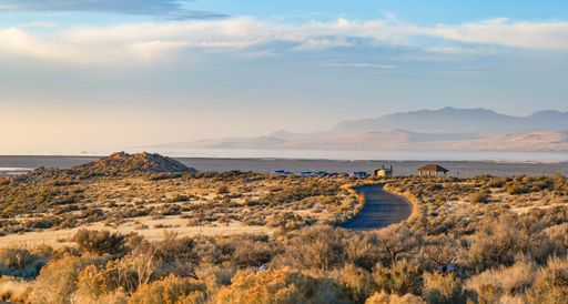 An aerial view of Great Salt Lake from Antelope Island Highway