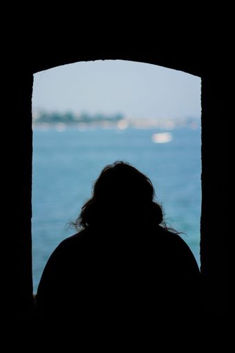 A silhouette of person watching calm seascape through an open window