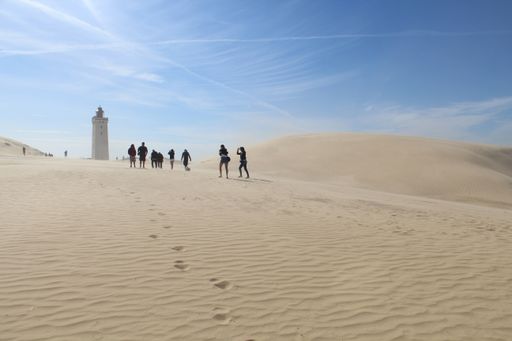 A low angle shot of a group of tourists walking in the desert under the clear sky