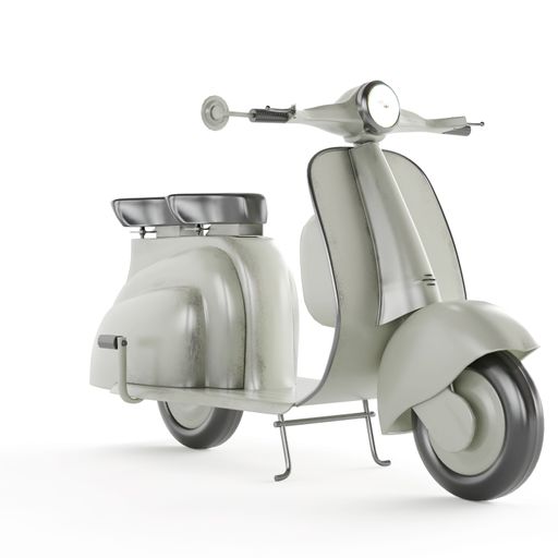 A 3D-render of a grey Vespa against a white background.