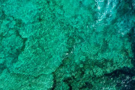 Caribbean green sea from above with black rocks under water. The bright green gives Caribbean feeling