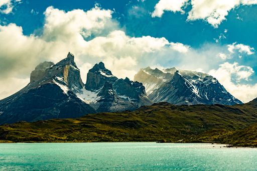 A scenic view of the Paine horns and the lake of the Torres del Paine National park in Patagonia, Chile