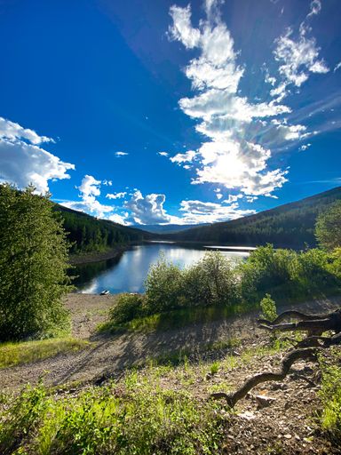 A vertical shot of a lake surrounded by green pine trees under a cloudy blue sky