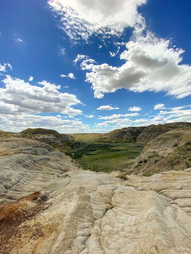 A vertical shot of a valley covered with vegetation under a cloudy blue sky