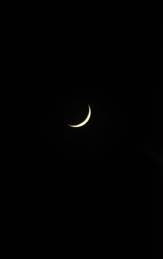 A vertical shot of a thin crescent moon in a dark night sky
