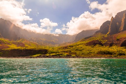 A beautiful view of spectacular Na Pali coast cliffs on Kauai island, Hawaii during daylight