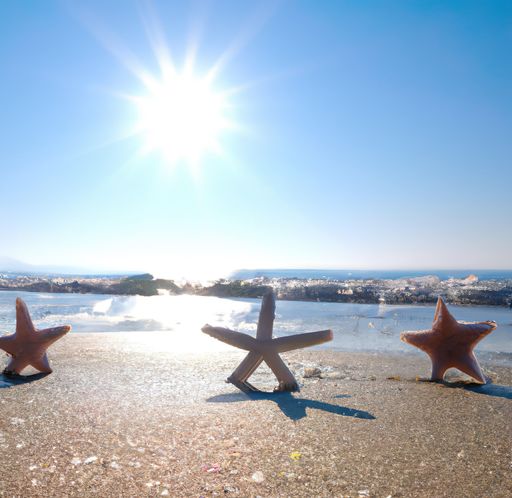 An image of three seastars on the beach under the sunlight and blue sky