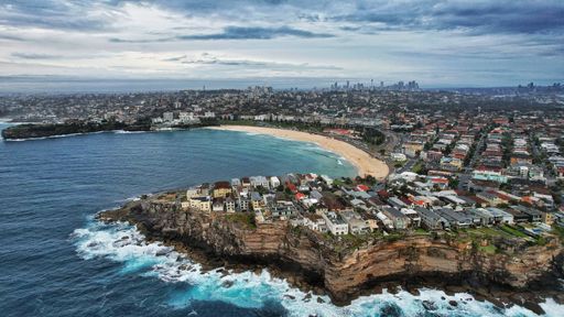 A bird's eye view of Bondi Beach in Sydney, Australia on a stormy day
