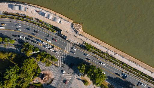 An Aerial view of the city road and cars along the Yangtze River in Wuhan, China