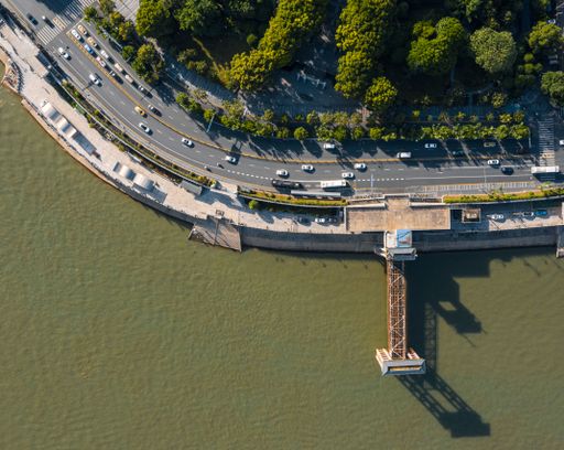 An Aerial view of the city road and cars along the Yangtze River in Wuhan, China
