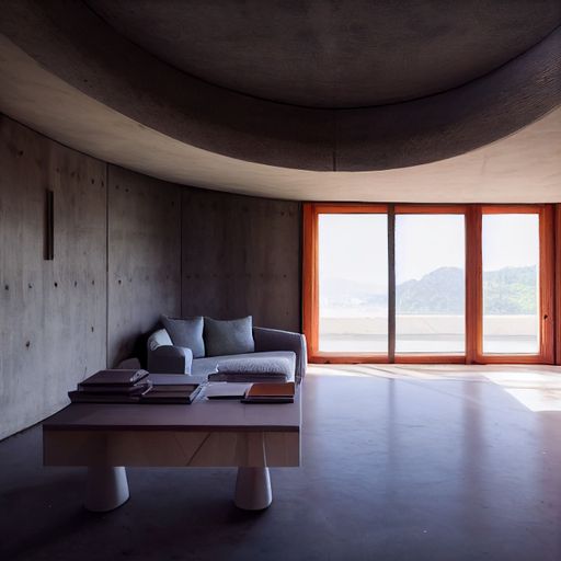 An interior of home with table and sofa with window view on mountains