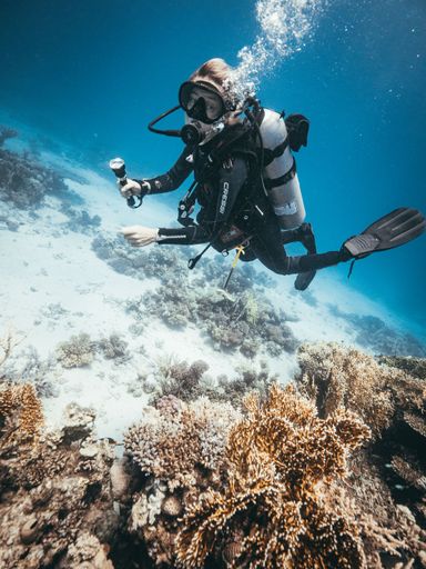A scuba diver exploring the blue mysterious coral reef, in a vertical shot