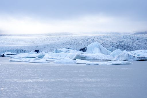The Fjallsarlon glacial lake with floating ice caps against the foggy sky in Iceland