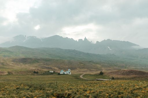 A low-angle of a farmhouse in Iceland with a flower field in the foreground and foggy mountains in the background