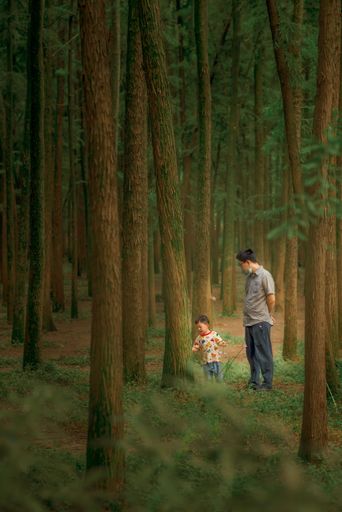 A father walking in the green dreamy forest with his daughter, in a vertical shot