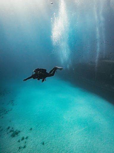 A vertical shot of a scuba diver swimming underwater around a shipwreck near the Gozo Island, Malta