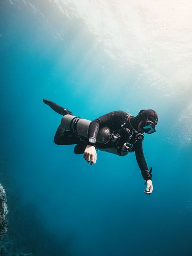 A vertical shot from the depths of the Red Sea and a scuba diver exploring the deep dive site