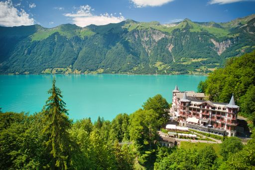 An aerial view of modern buildings near Lake Brienz in Switzerland